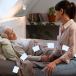 Elderly woman with dementia resting in bed while her caregiver holds her hand.