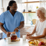A caregiver and a senior are preparing breakfast together.